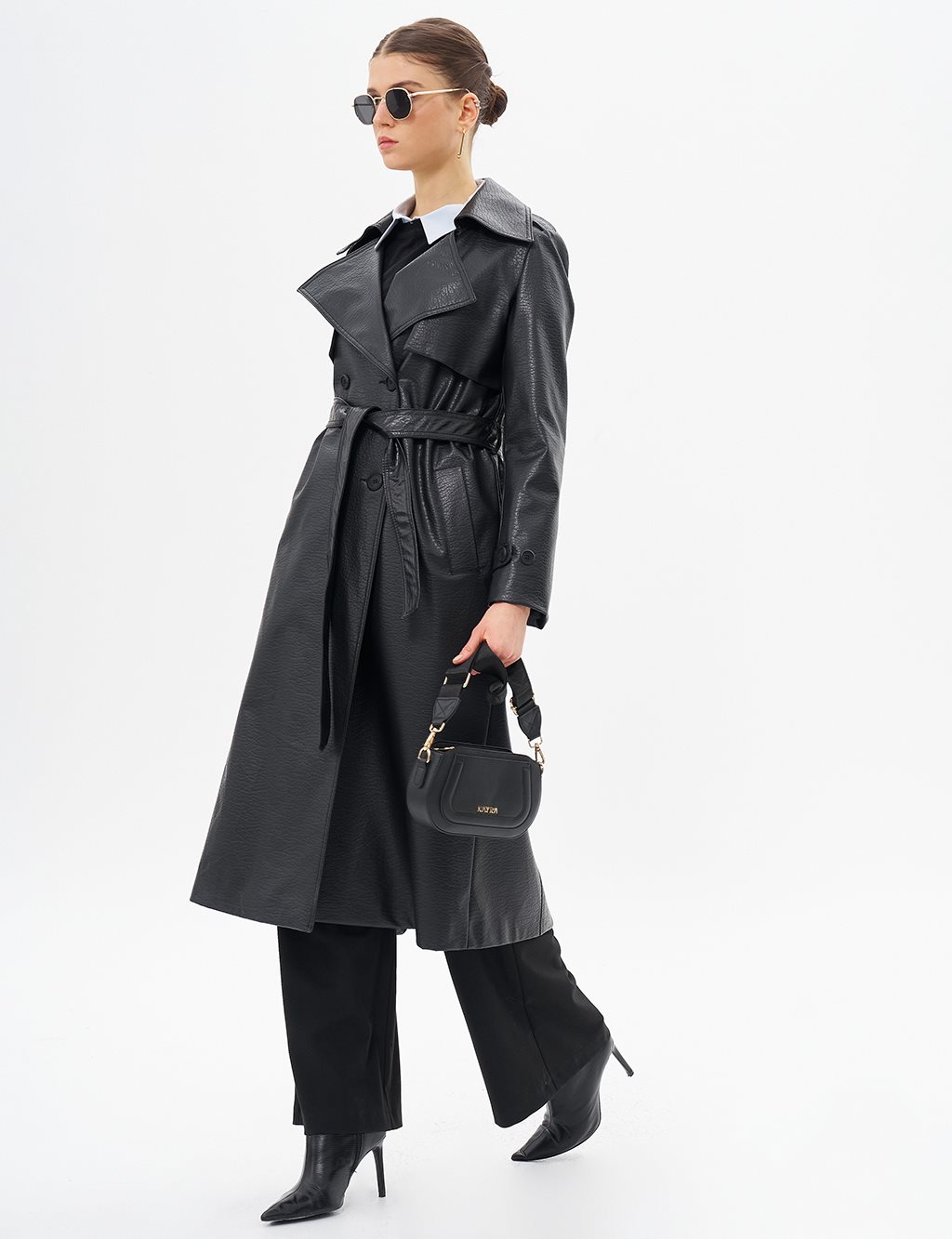 Belted Faux Leather Coat Black