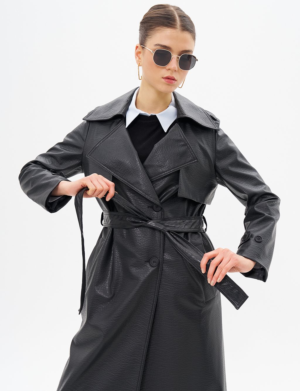 Belted Faux Leather Coat Black