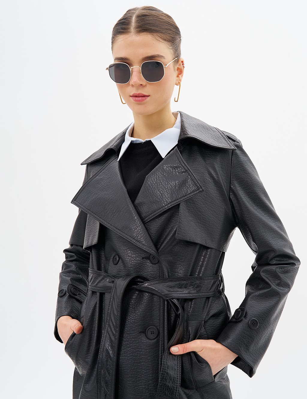 Belted Faux Leather Coat Black