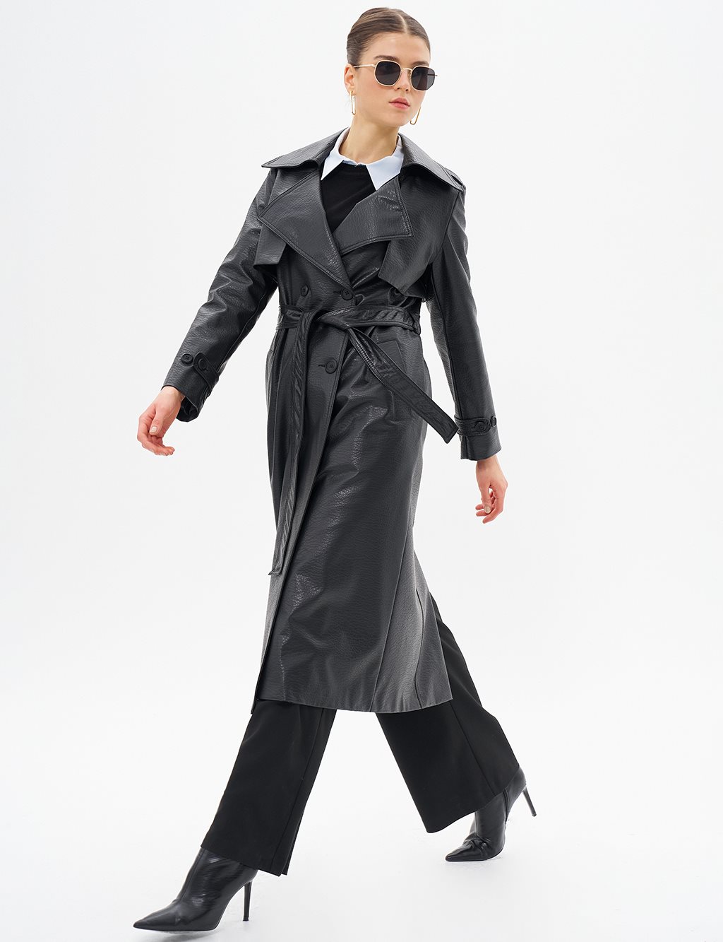 Belted Faux Leather Coat Black