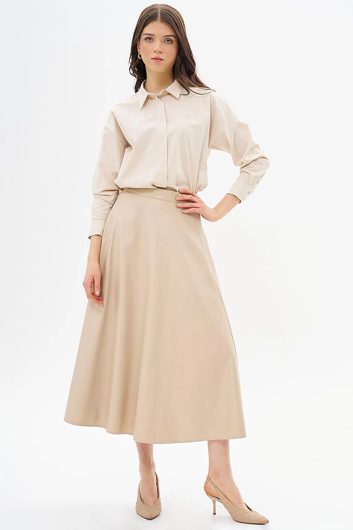 High Waist Faux Leather Skirt Light Beige