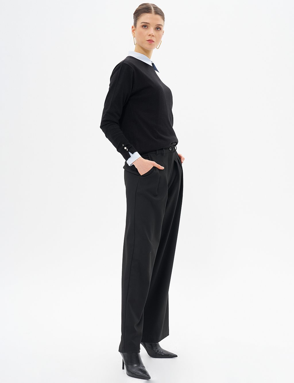 Double Pleated Detailed High Waist Trousers Black