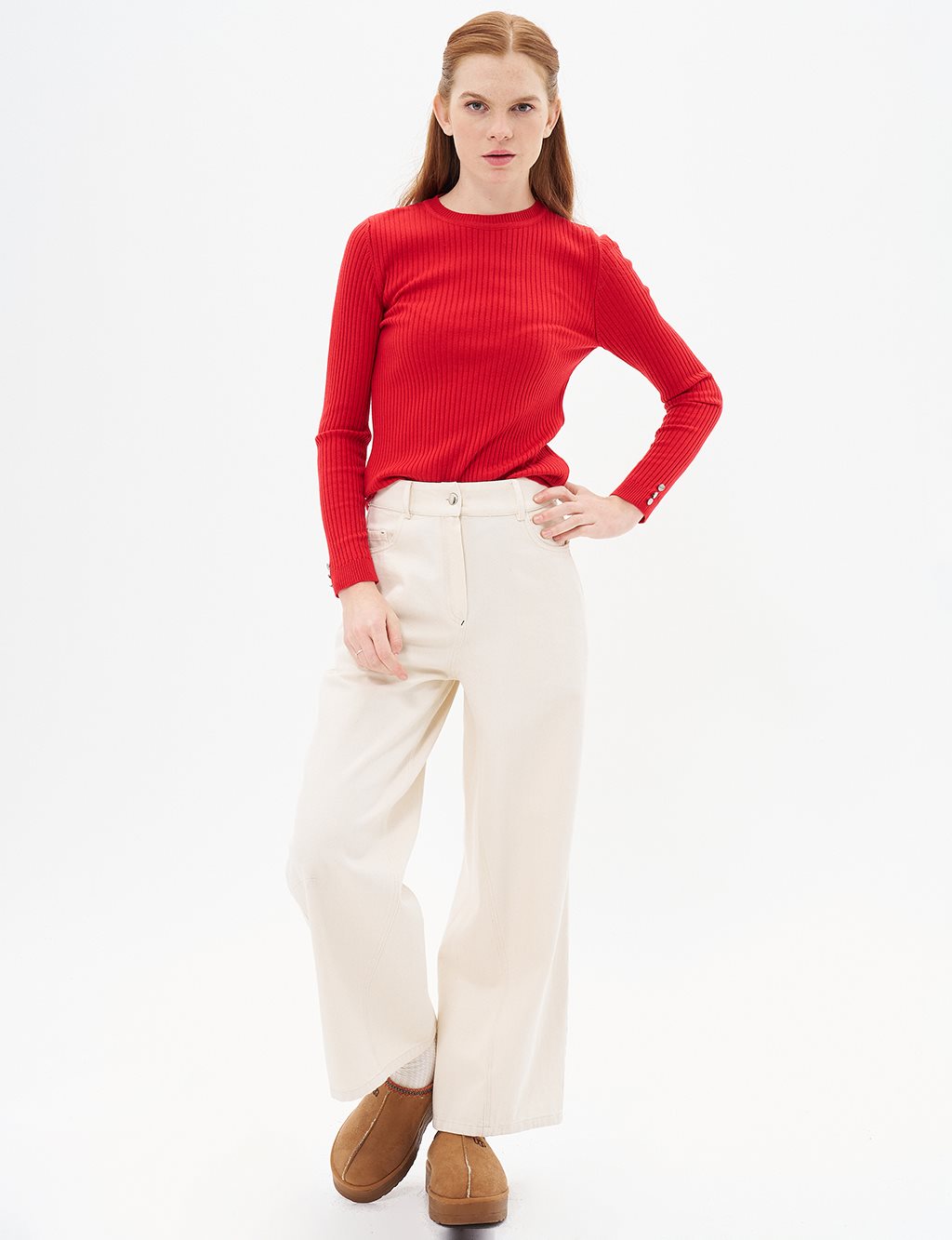 Wide Leg Denim Trousers Cream