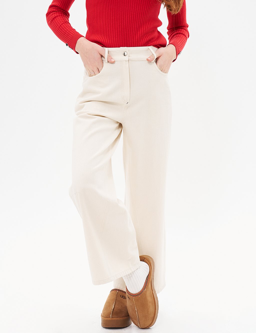 Wide Leg Denim Trousers Cream