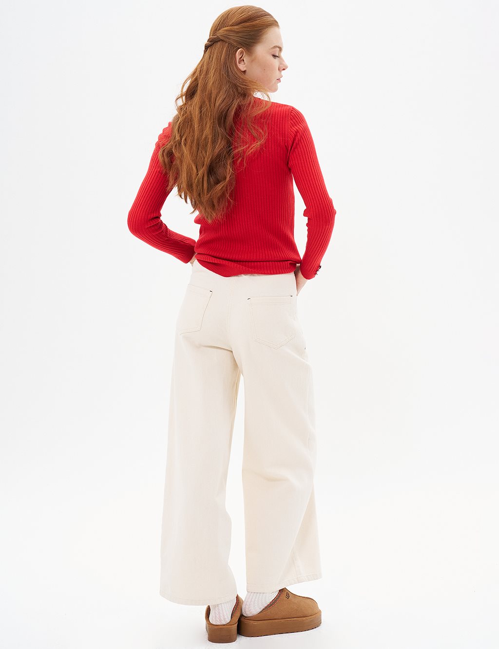 Wide Leg Denim Trousers Cream