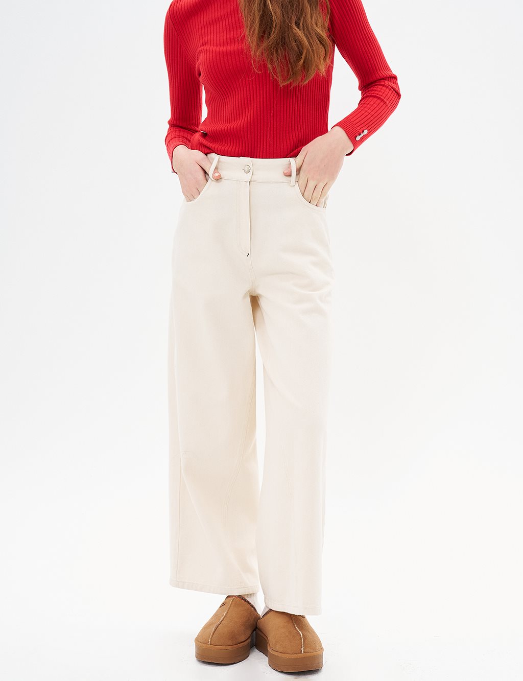 Wide Leg Denim Trousers Cream