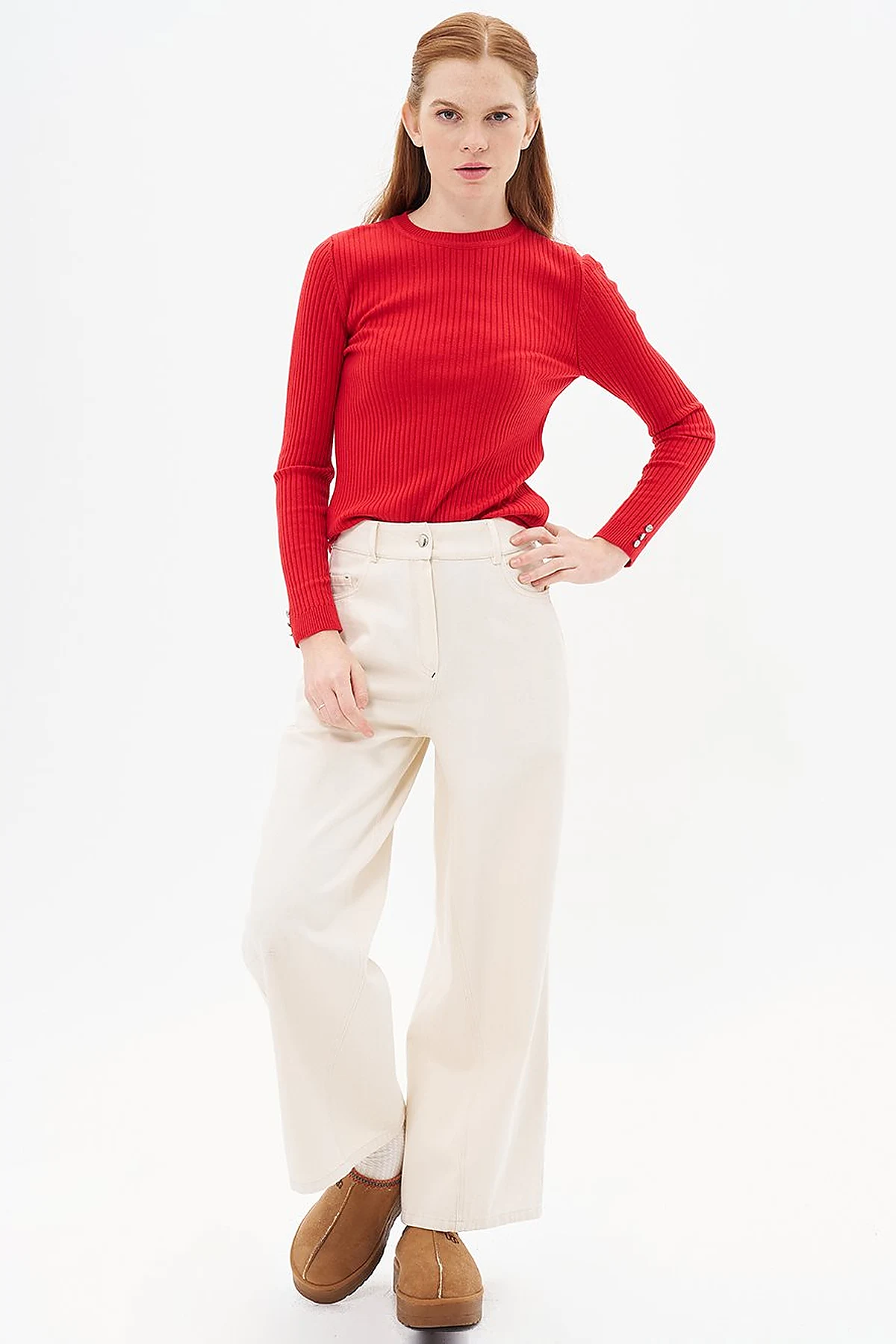 Wide Leg Denim Trousers Cream