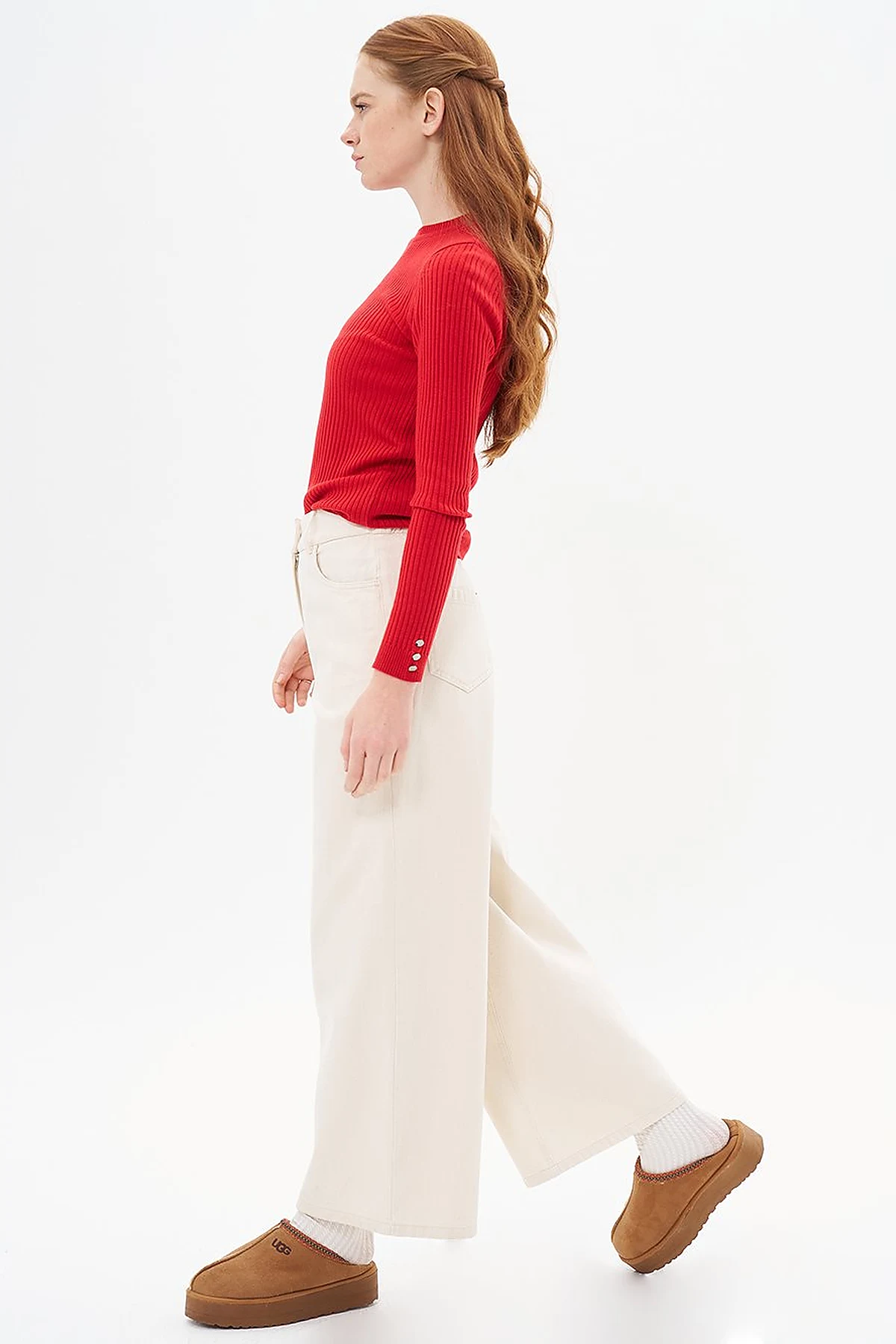 Wide Leg Denim Trousers Cream