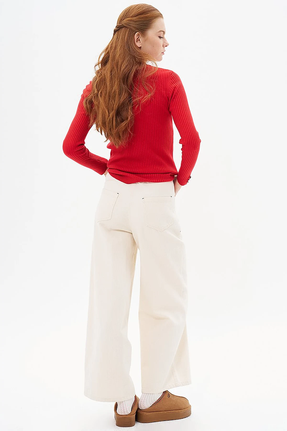 Wide Leg Denim Trousers Cream