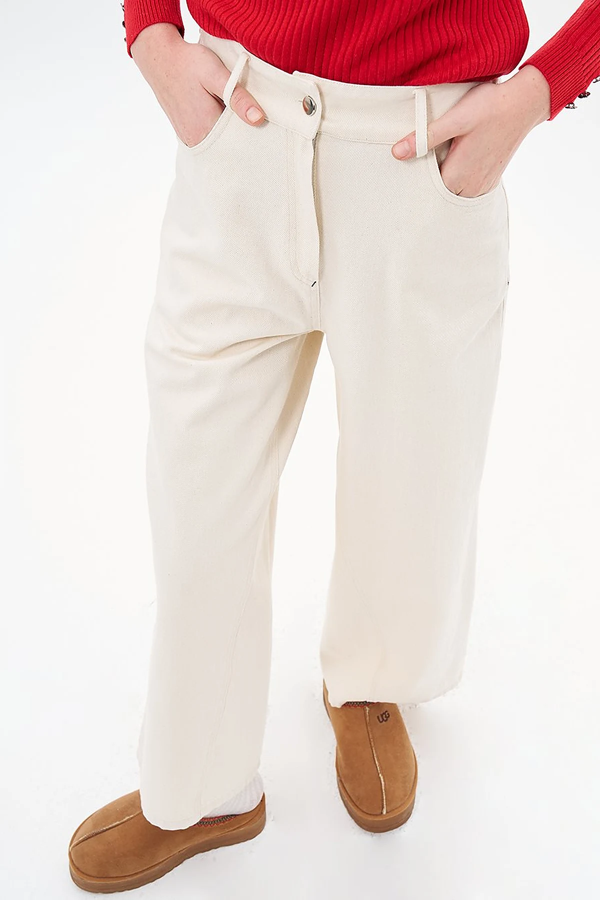 Wide Leg Denim Trousers Cream