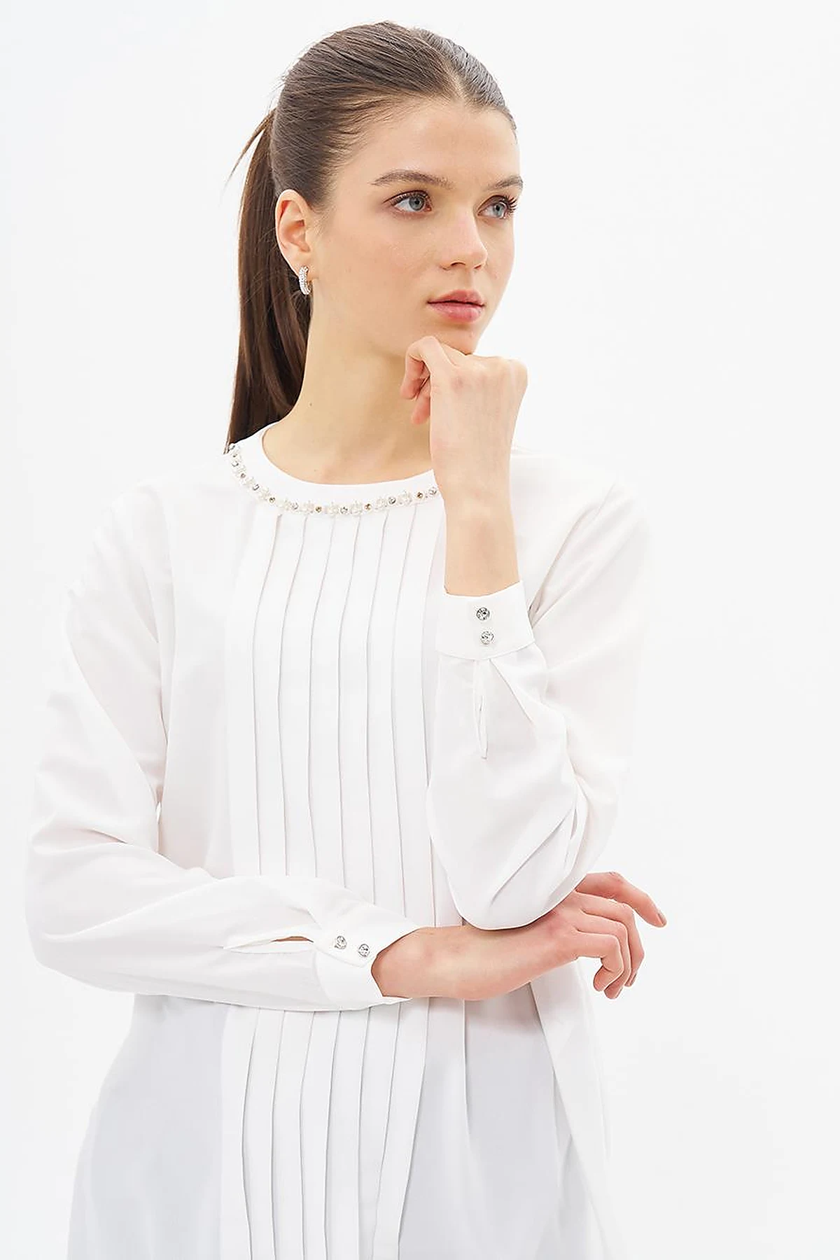 Ribbed Detailed Zero Collar Tunic Ecru