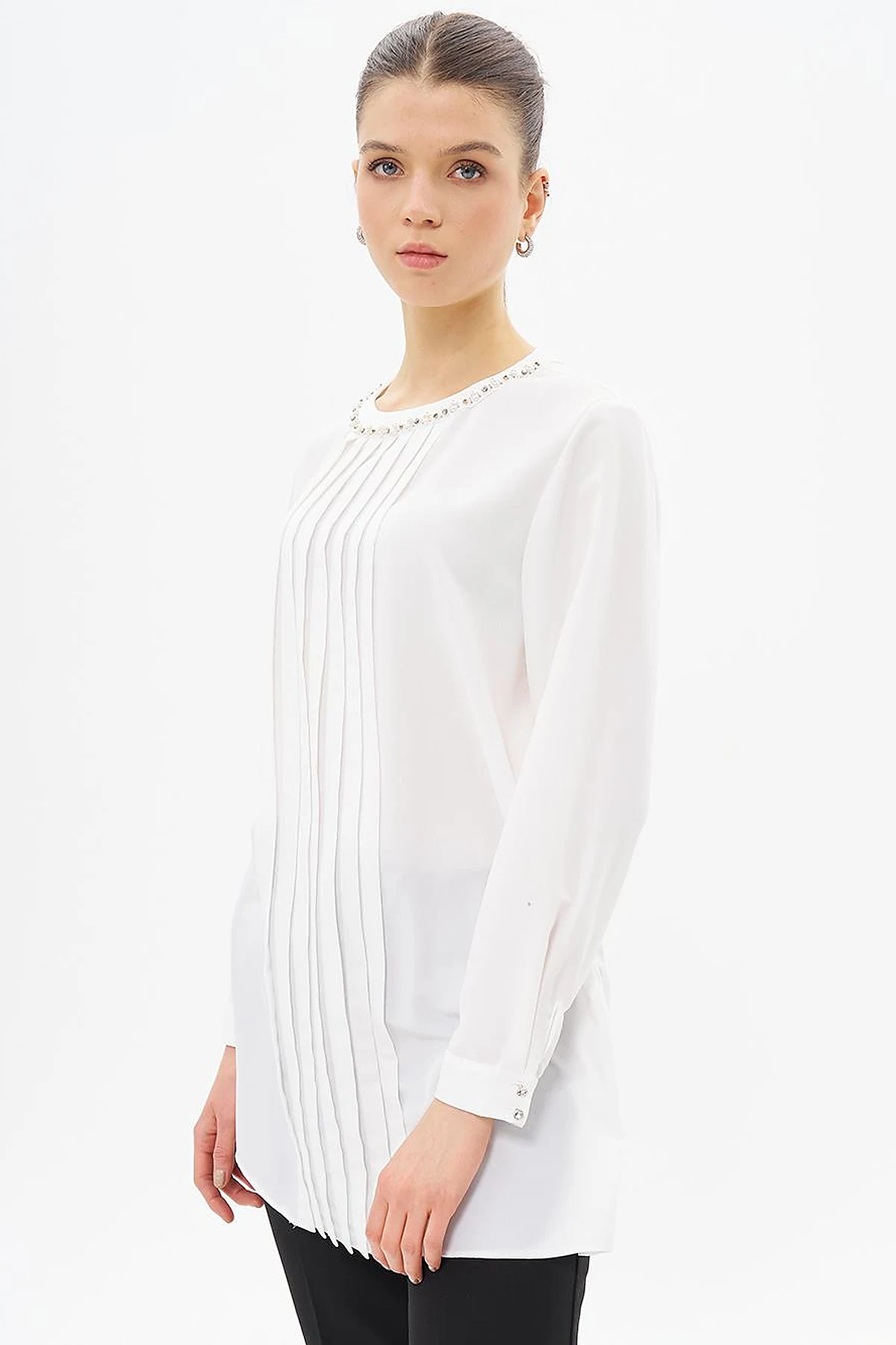 Ribbed Detailed Zero Collar Tunic Ecru