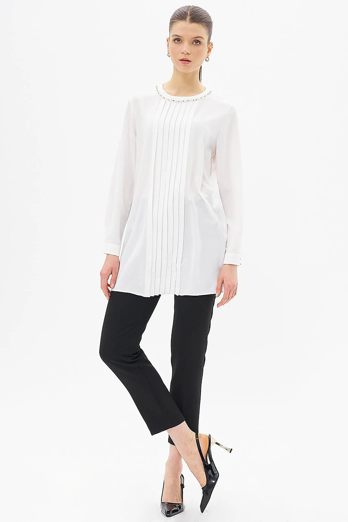 Ribbed Detailed Zero Collar Tunic Ecru