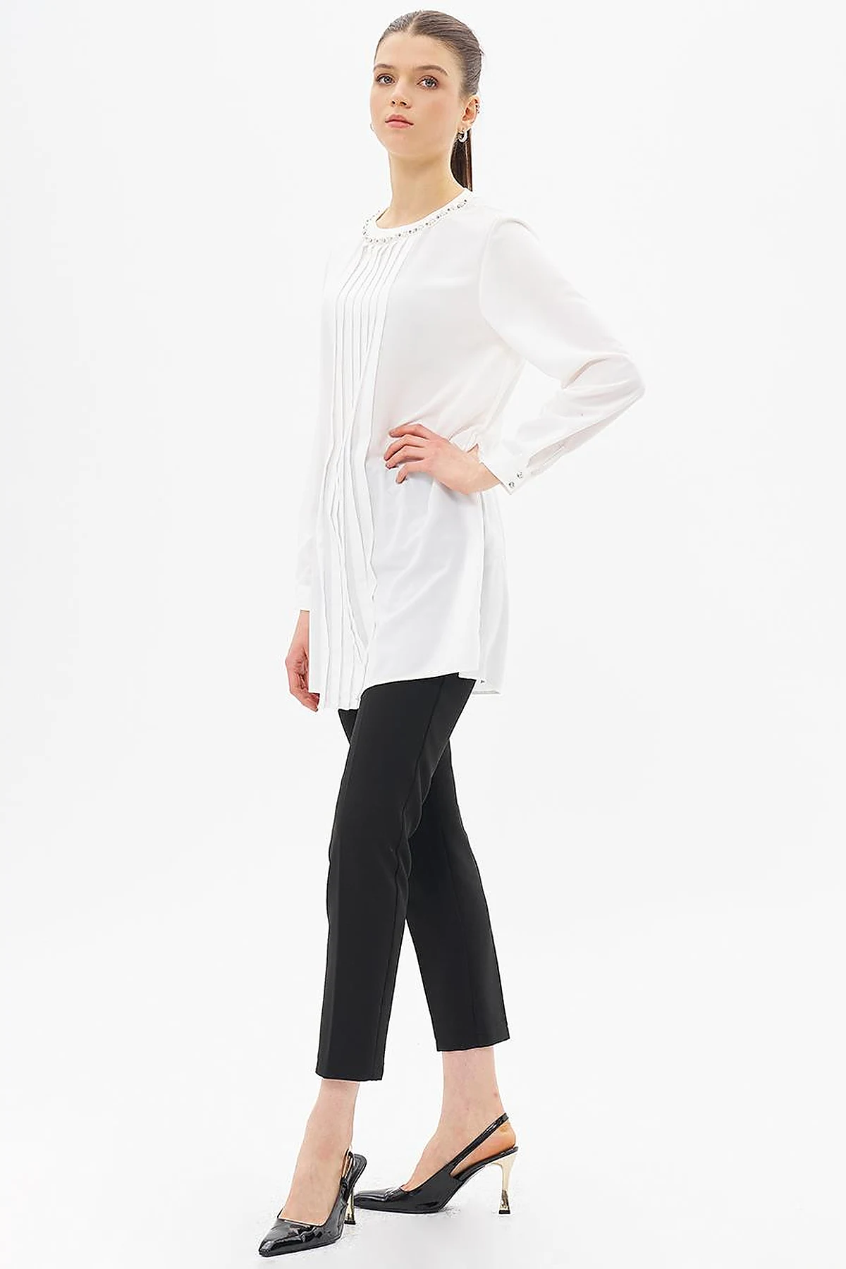 Ribbed Detailed Zero Collar Tunic Ecru