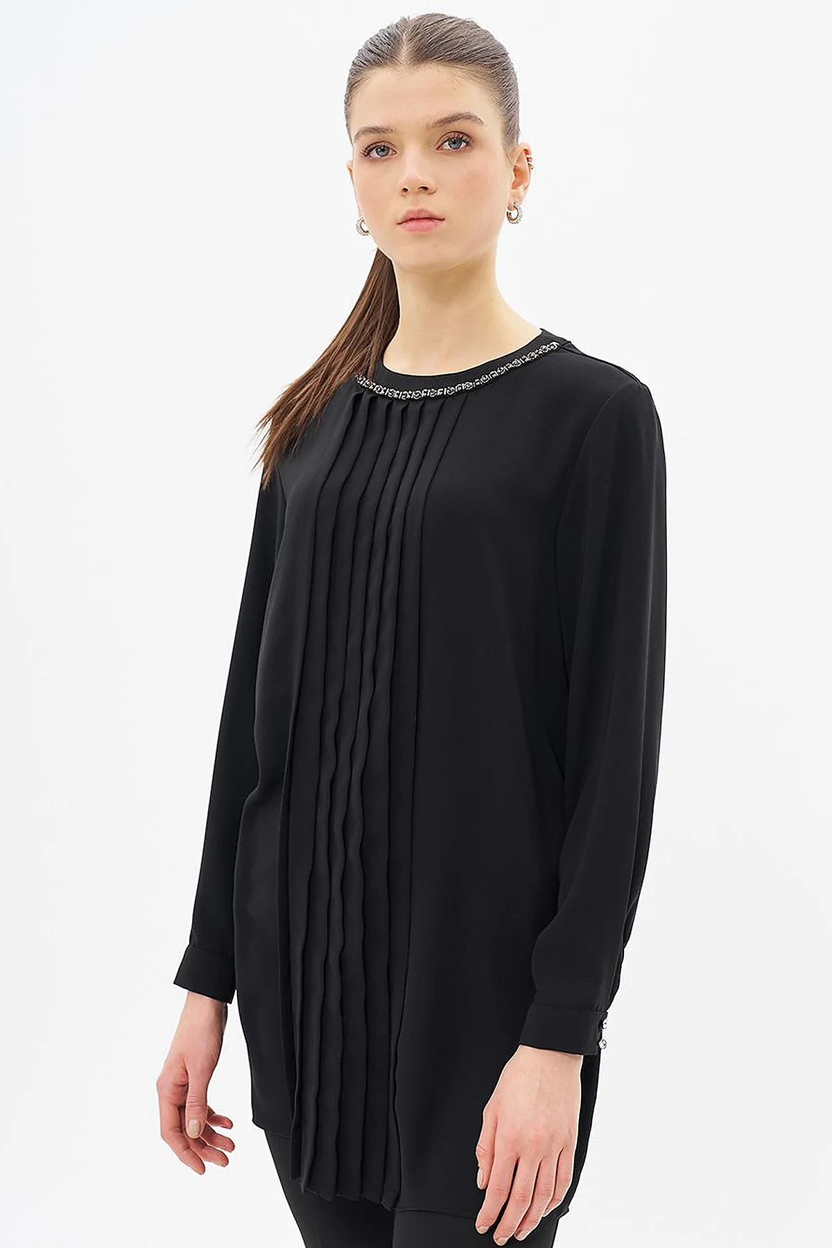 Ribbed Detailed Zero Collar Tunic Black