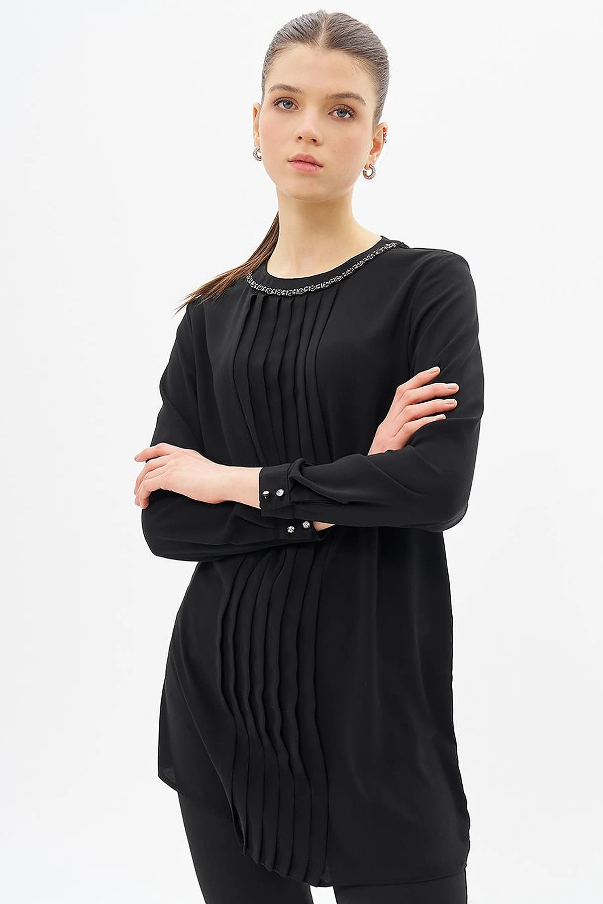 Ribbed Detailed Zero Collar Tunic Black