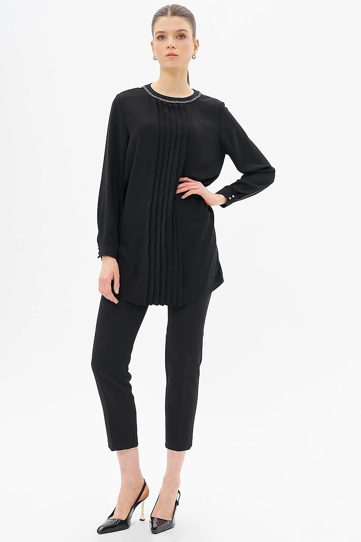 Ribbed Detailed Zero Collar Tunic Black