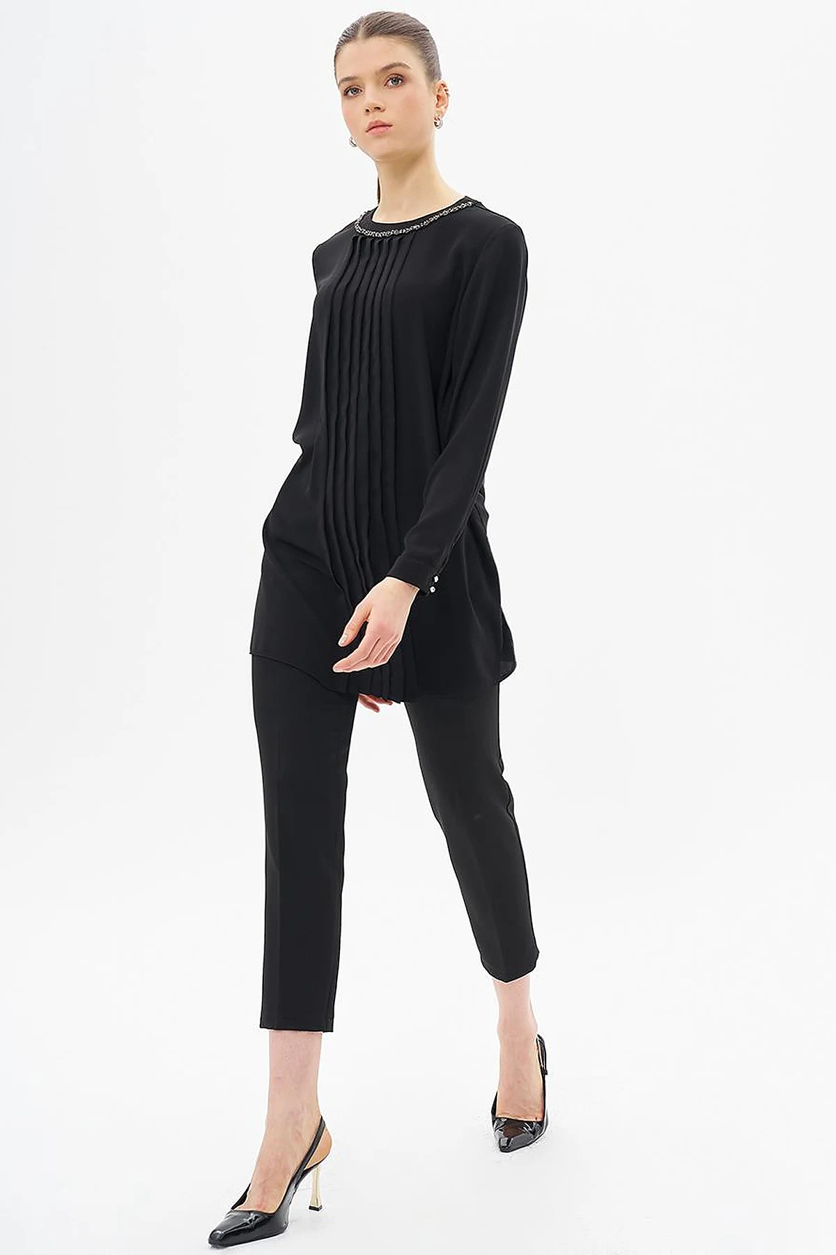 Ribbed Detailed Zero Collar Tunic Black