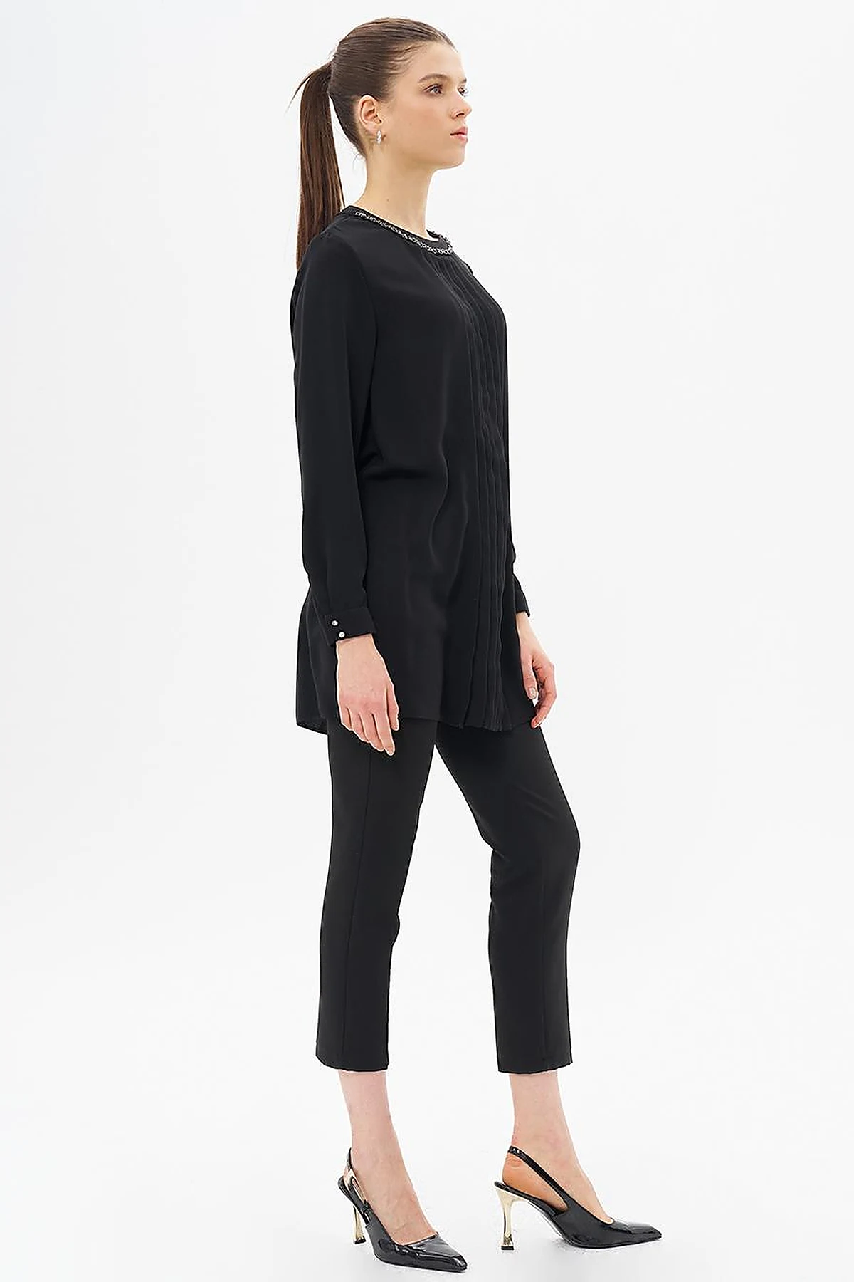Ribbed Detailed Zero Collar Tunic Black