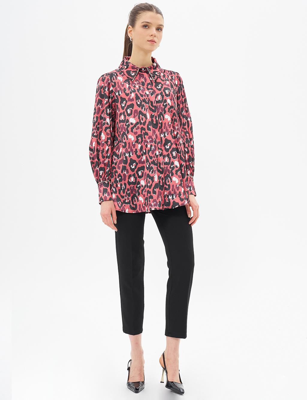 Leopard Patterned Embroidered Satin Blouse Burgundy