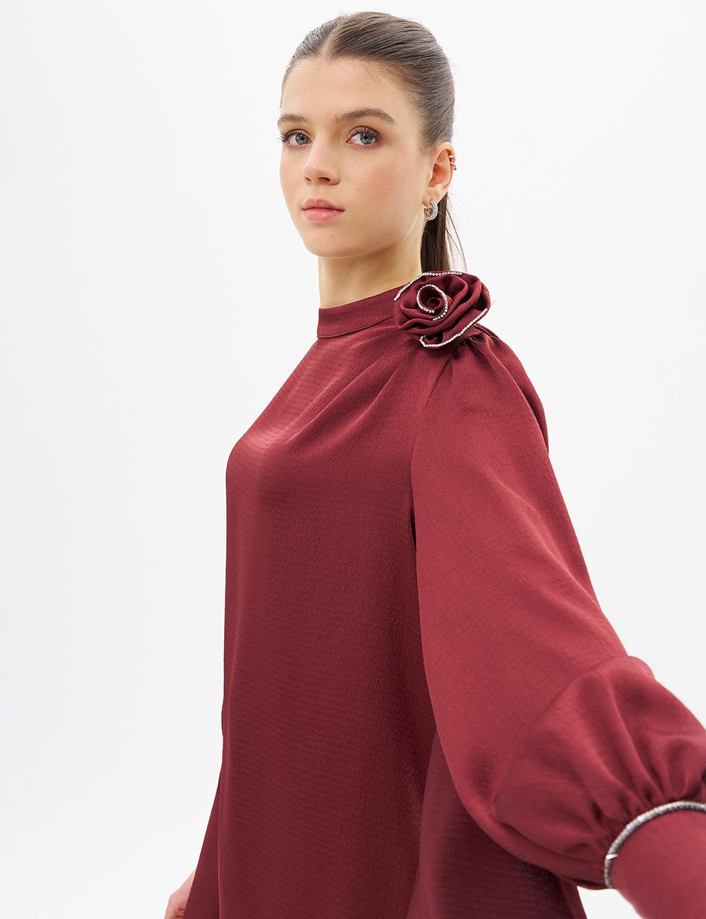 Rose Motif Satin Tunic Burgundy