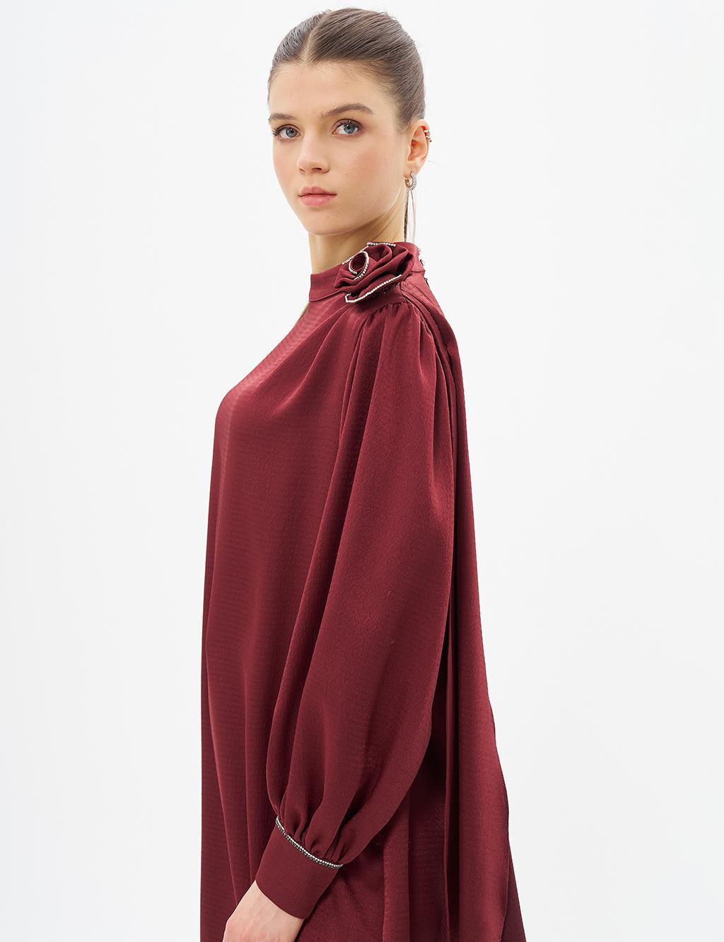 Rose Motif Satin Tunic Burgundy