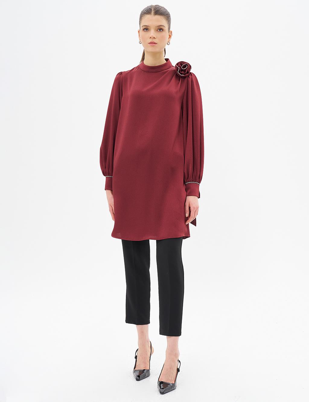 Rose Motif Satin Tunic Burgundy