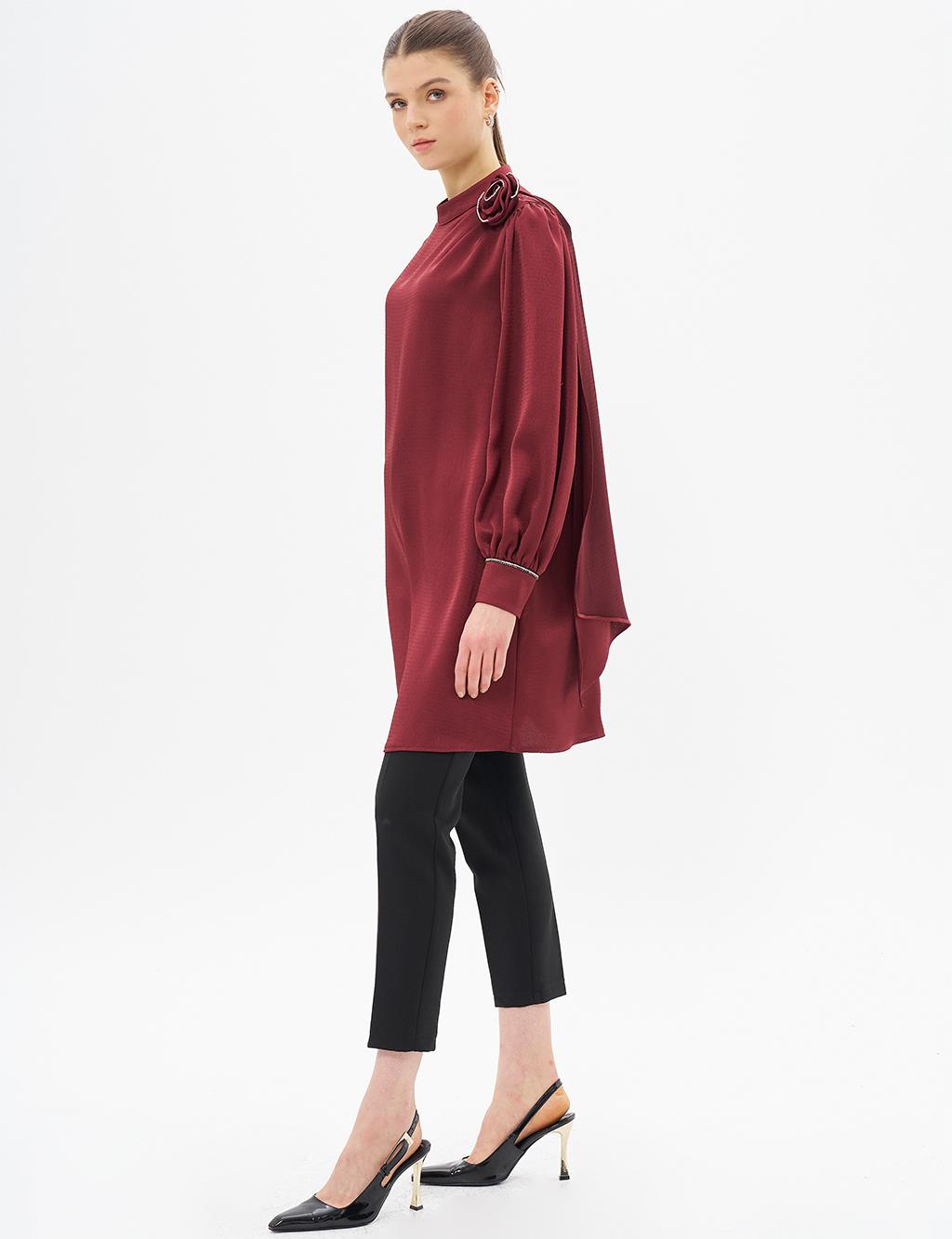 Rose Motif Satin Tunic Burgundy