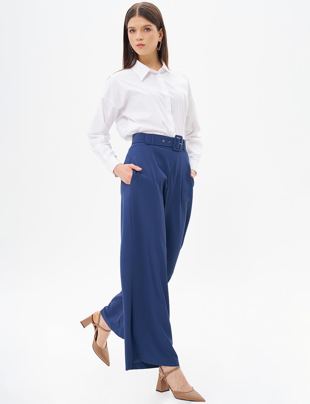 Wide Leg Pants with Belt Detail Indigo