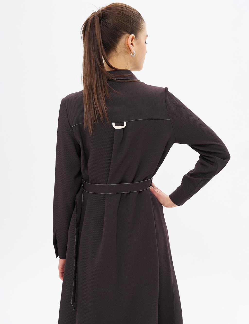 Contrast Stitched Shirt Collar Tunic Dark Coffee