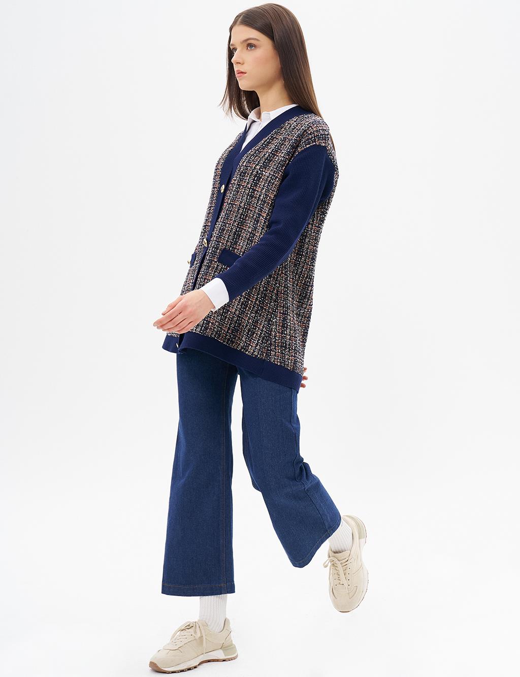 Gold Button Detailed Knitwear Cardigan Navy Blue