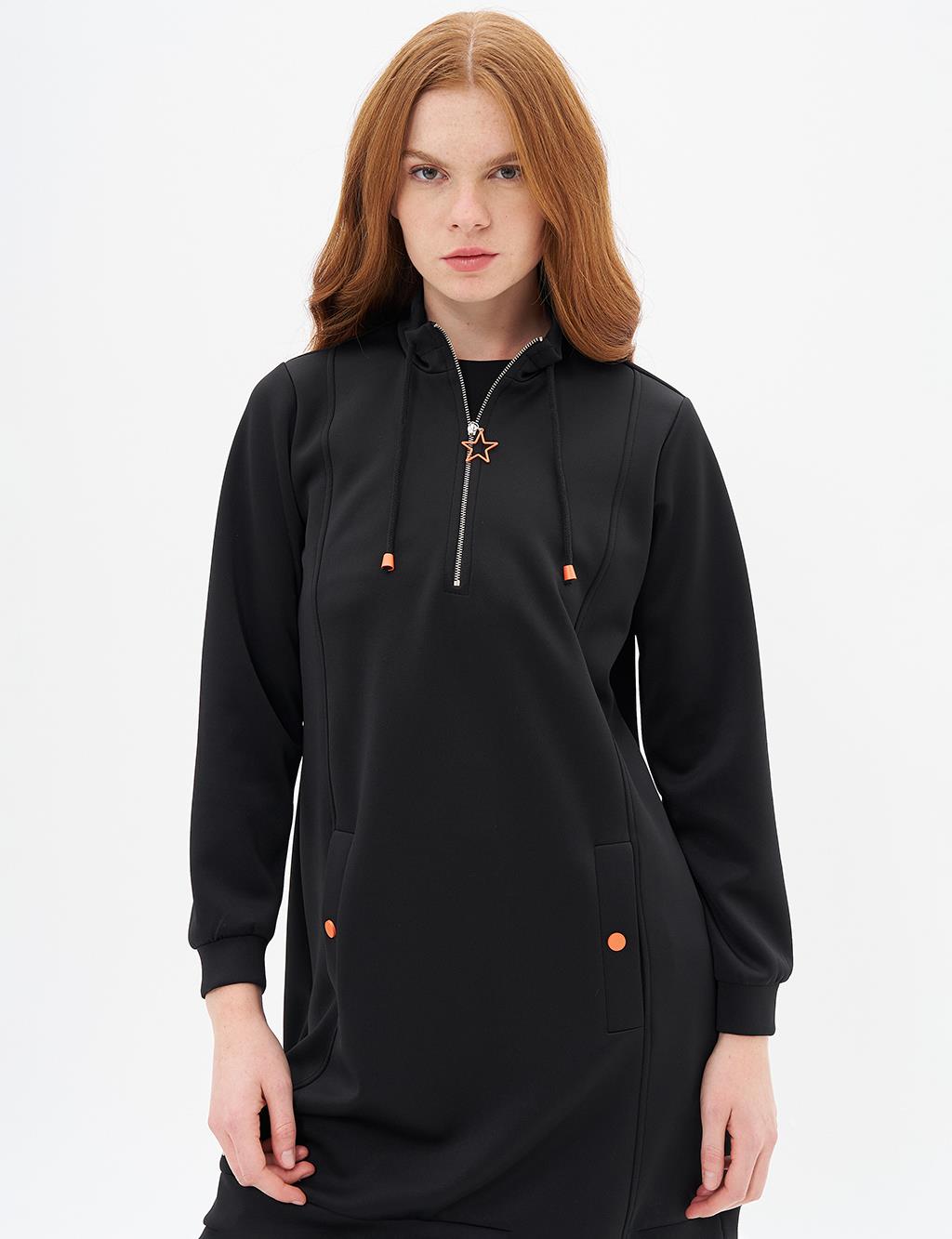Yarım Fermuar Kapamalı Scuba Sweatshirt Siyah