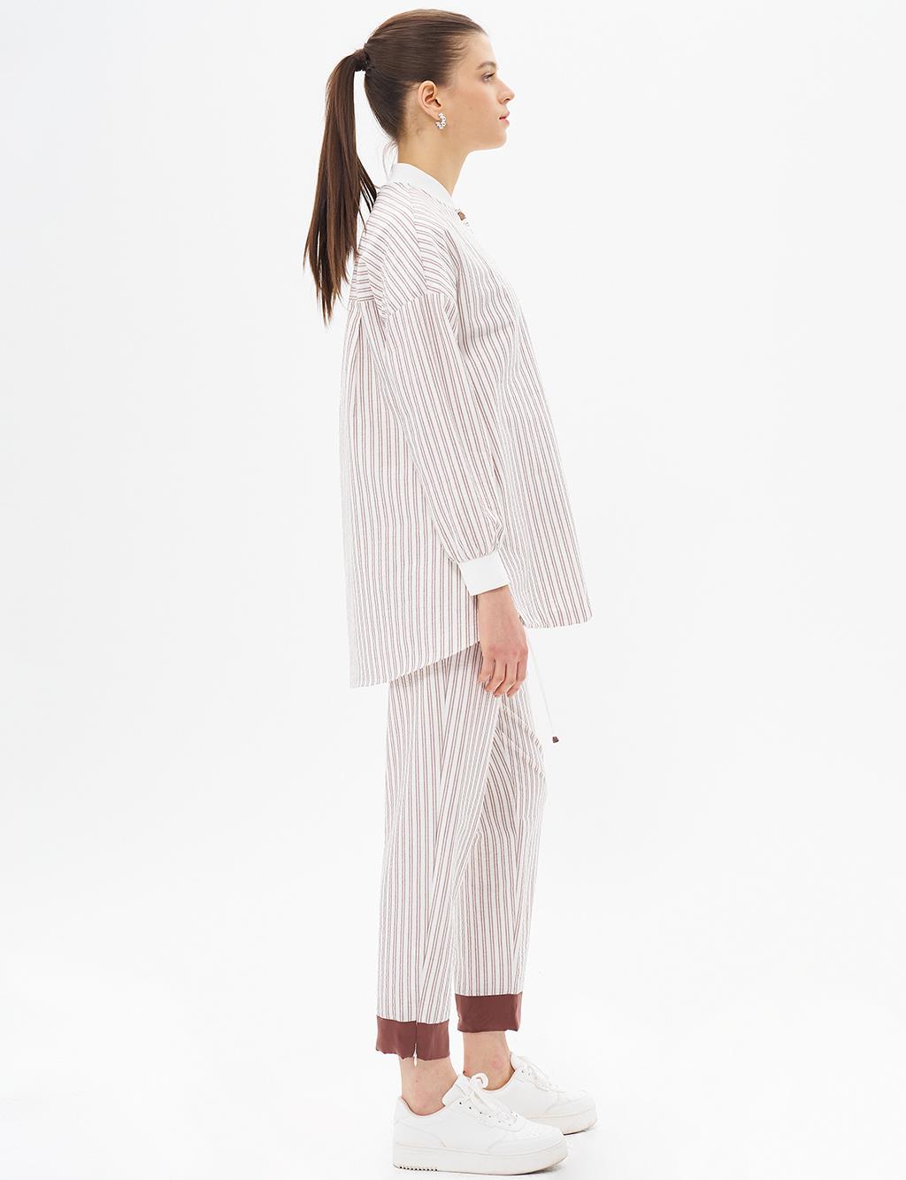 College Collar Striped Pattern Tunic Brown