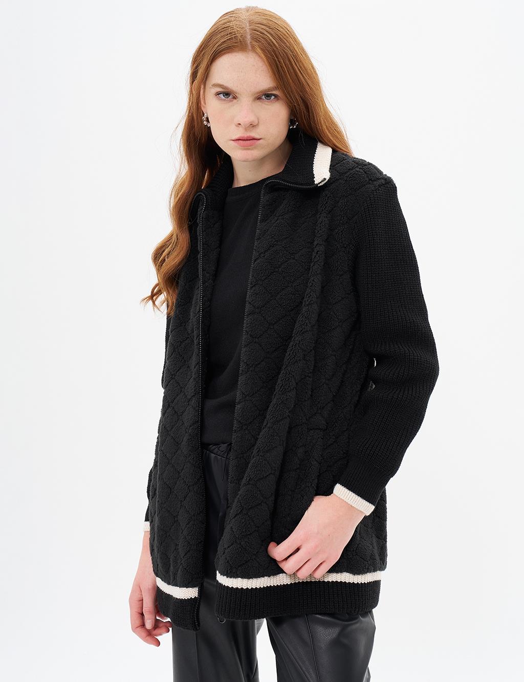 Knitwear Garnished Plush Jacket Black