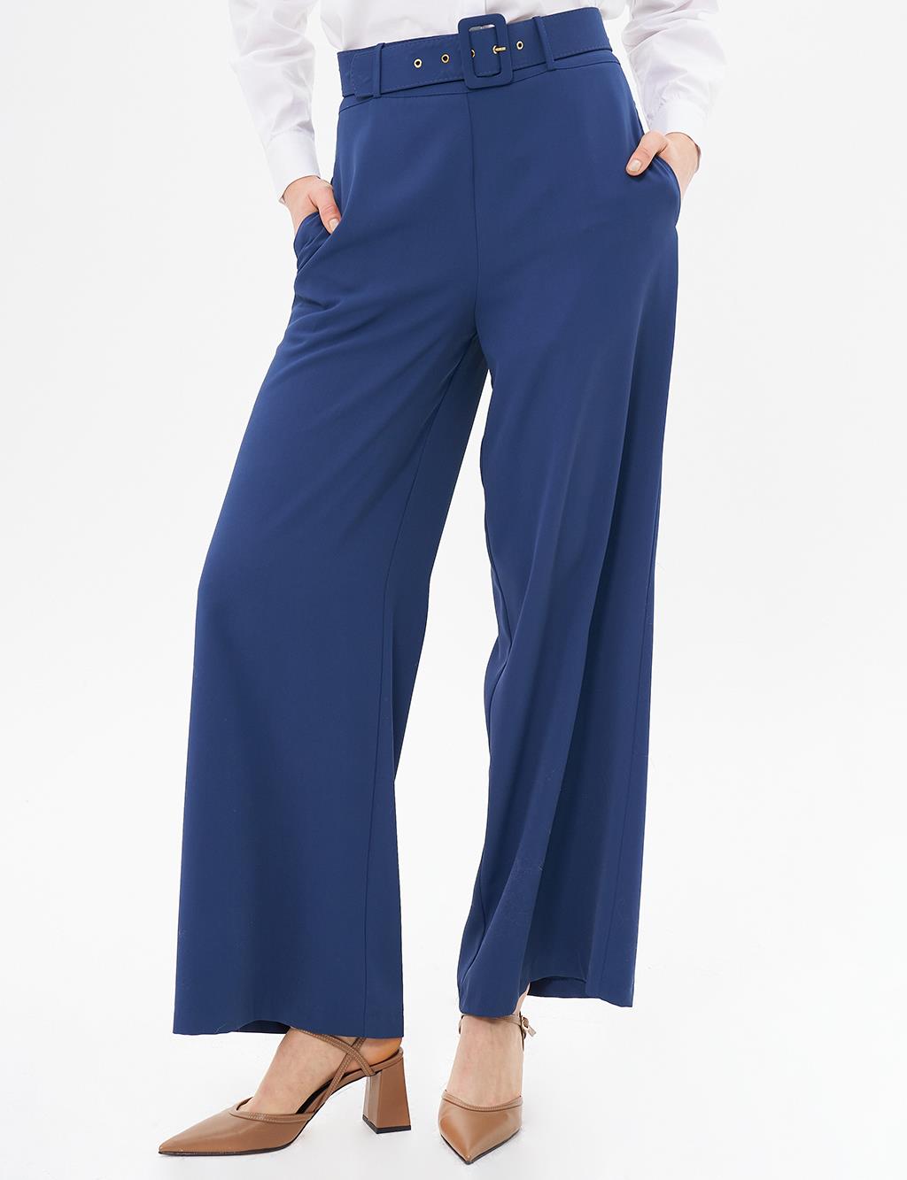 Wide Leg Pants with Belt Detail Indigo