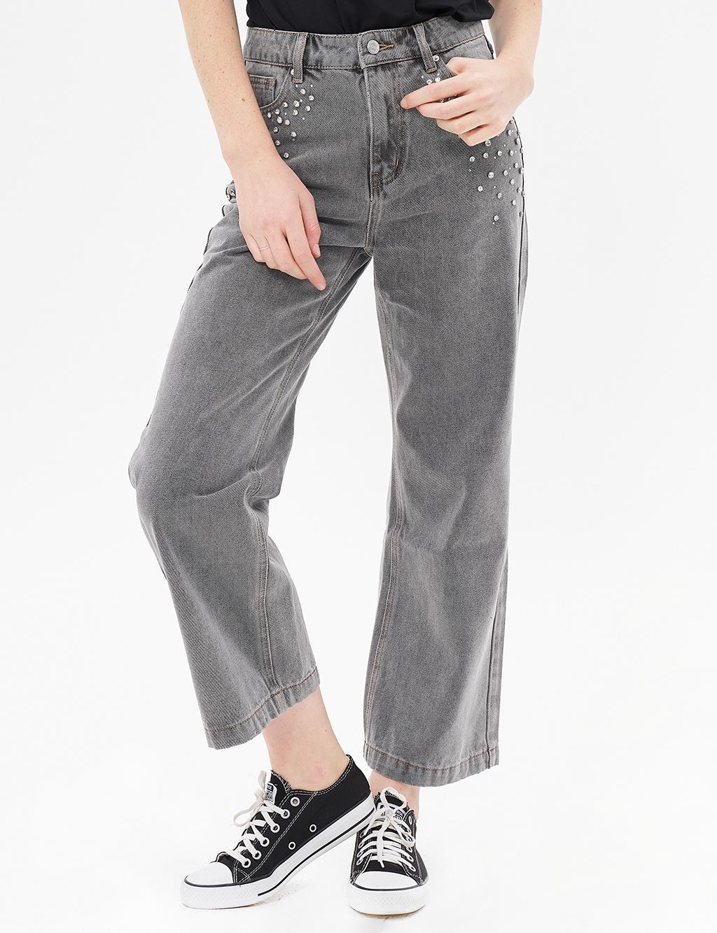 Taş İşlemeli Denim Pantolon Gri