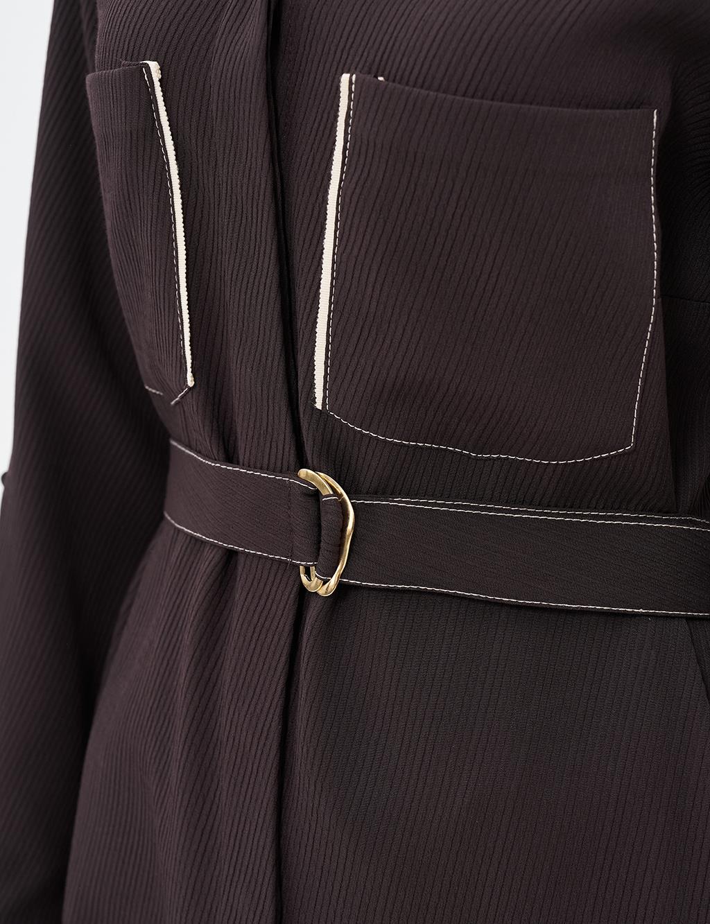 Contrast Stitched Shirt Collar Tunic Dark Coffee