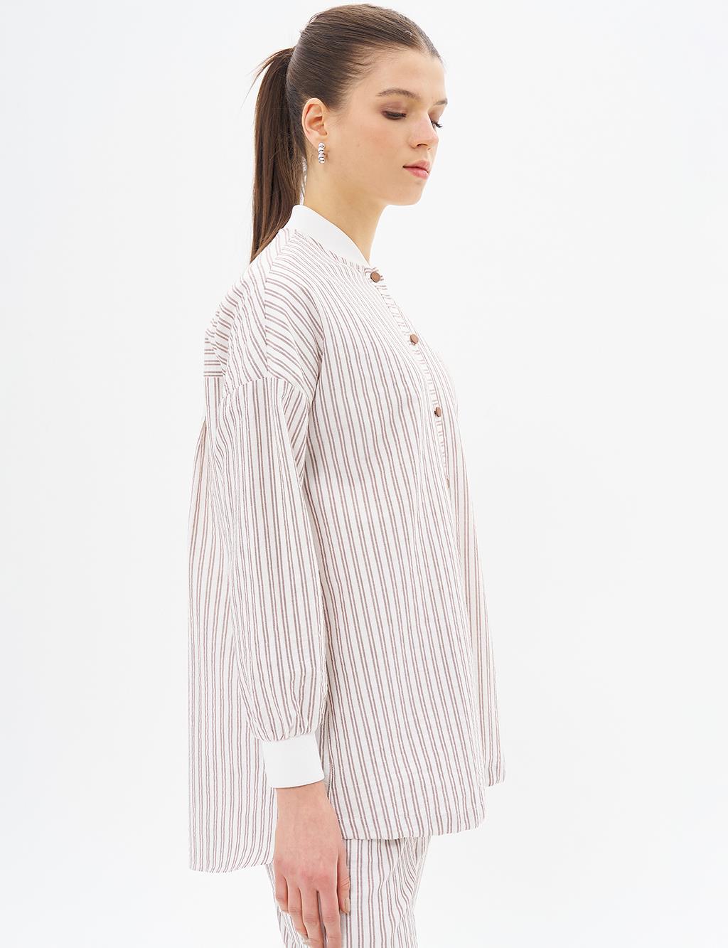 College Collar Striped Pattern Tunic Brown