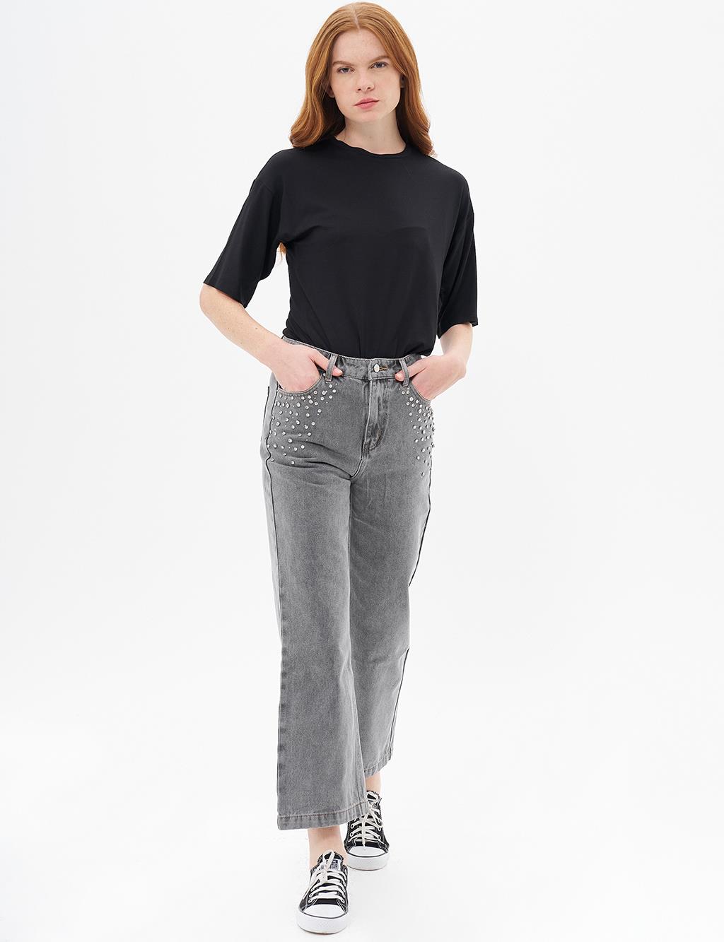 Taş İşlemeli Denim Pantolon Gri