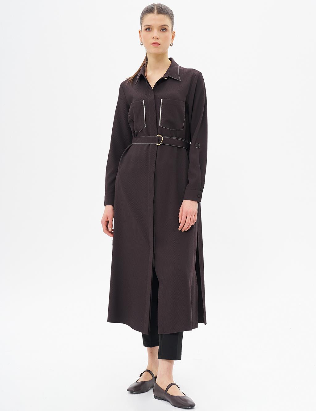 Contrast Stitched Shirt Collar Tunic Dark Coffee