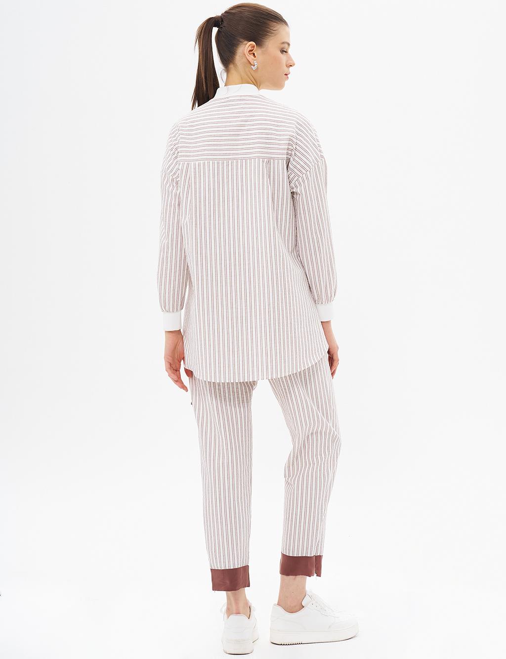 College Collar Striped Pattern Tunic Brown