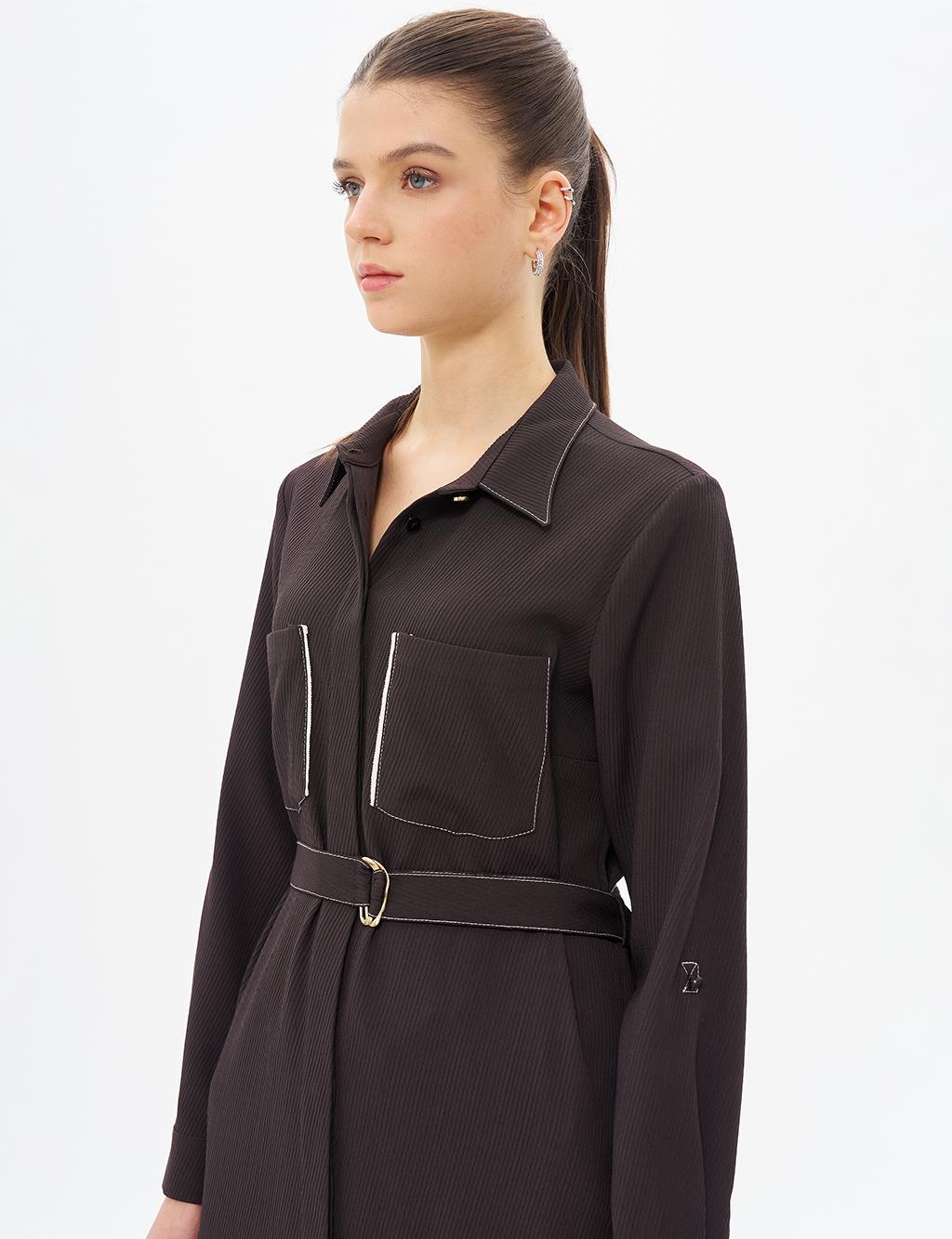 Contrast Stitched Shirt Collar Tunic Dark Coffee