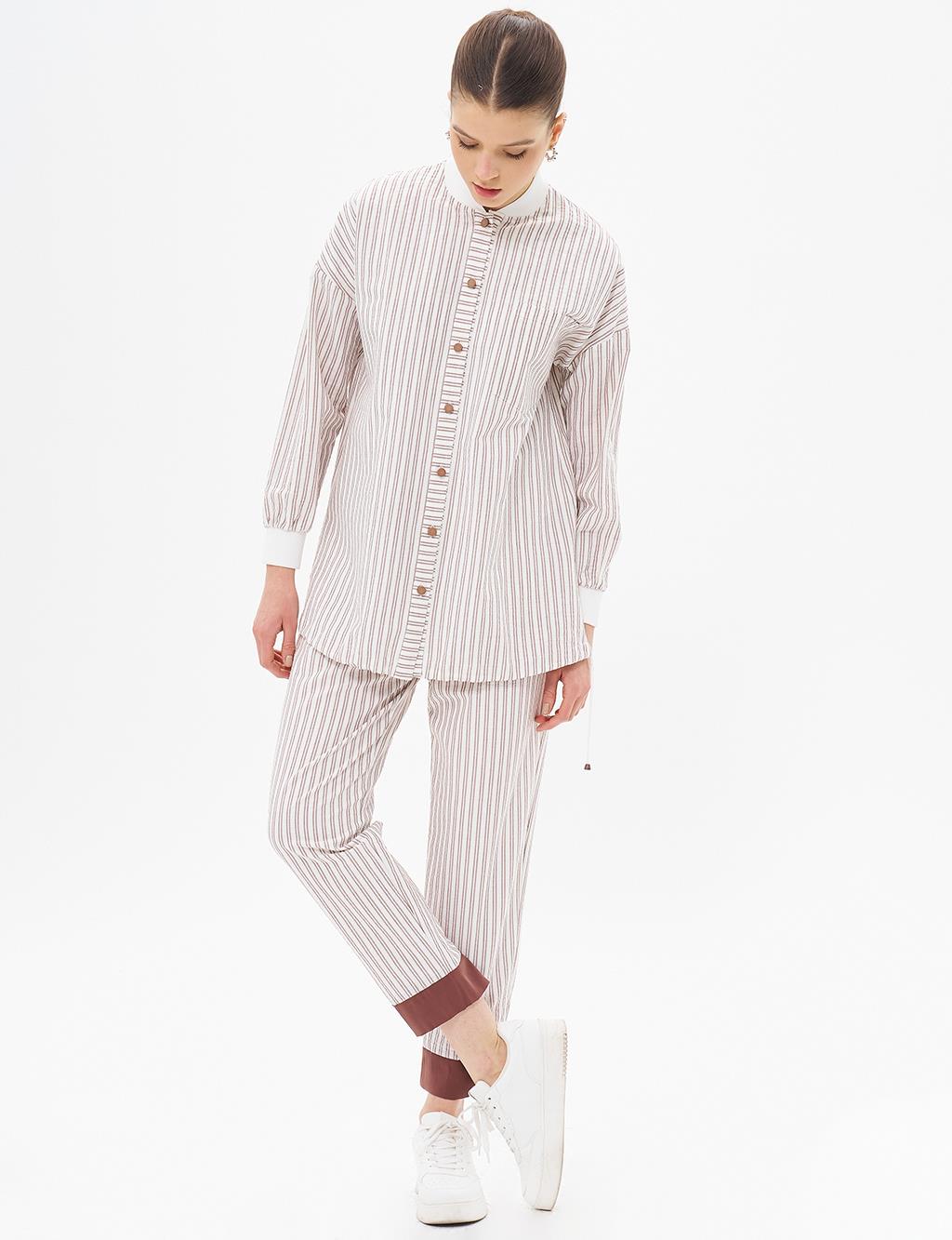 College Collar Striped Pattern Tunic Brown