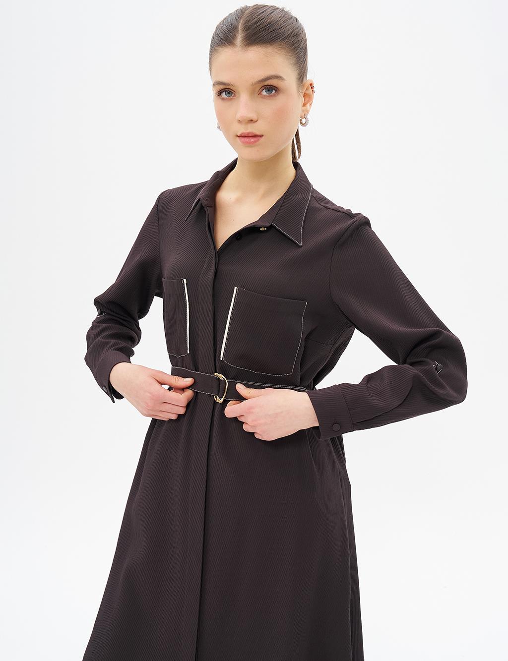 Contrast Stitched Shirt Collar Tunic Dark Coffee