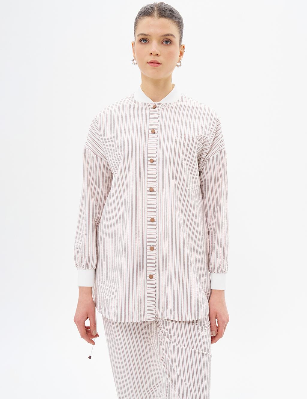 College Collar Striped Pattern Tunic Brown