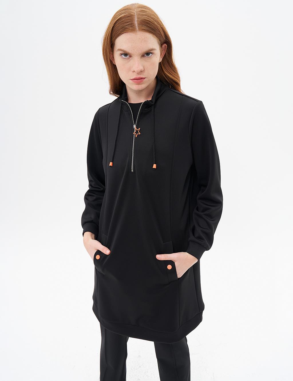 Yarım Fermuar Kapamalı Scuba Sweatshirt Siyah