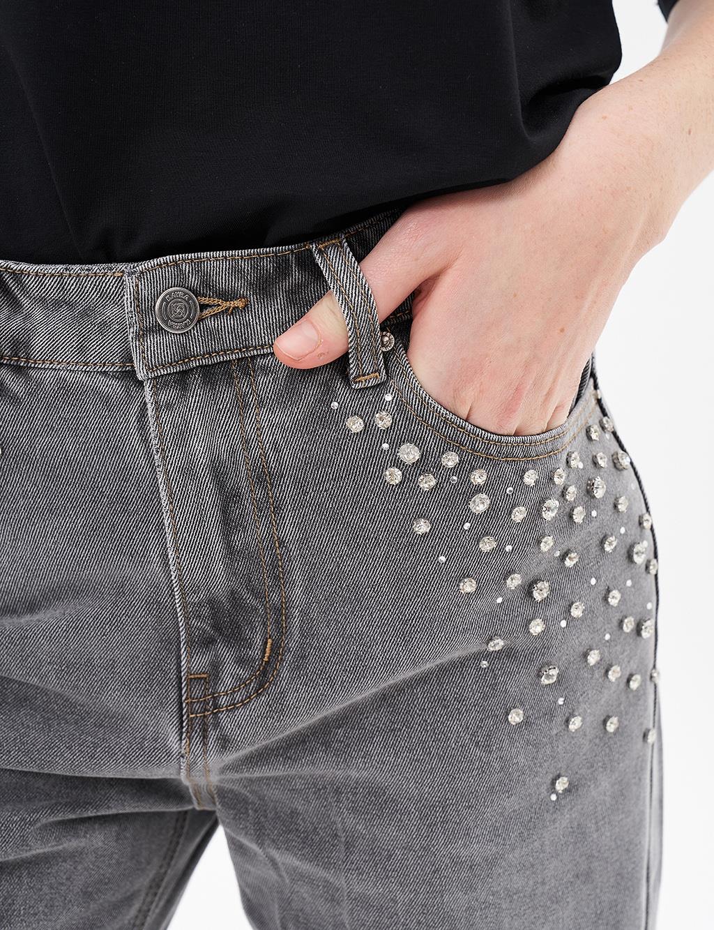 Taş İşlemeli Denim Pantolon Gri