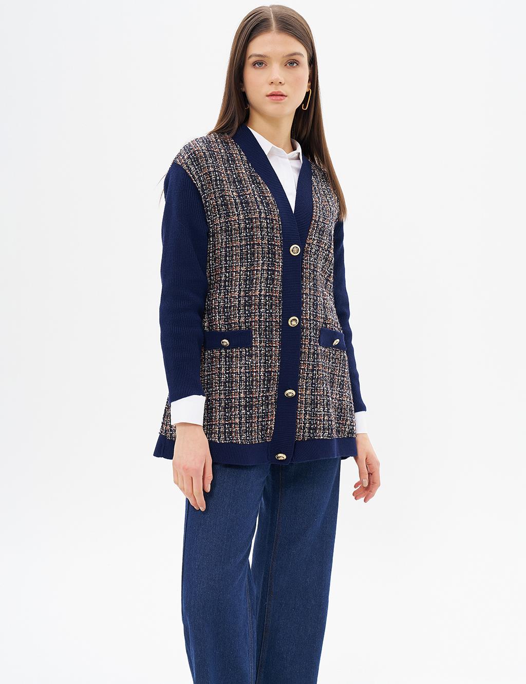 Gold Button Detailed Knitwear Cardigan Navy Blue