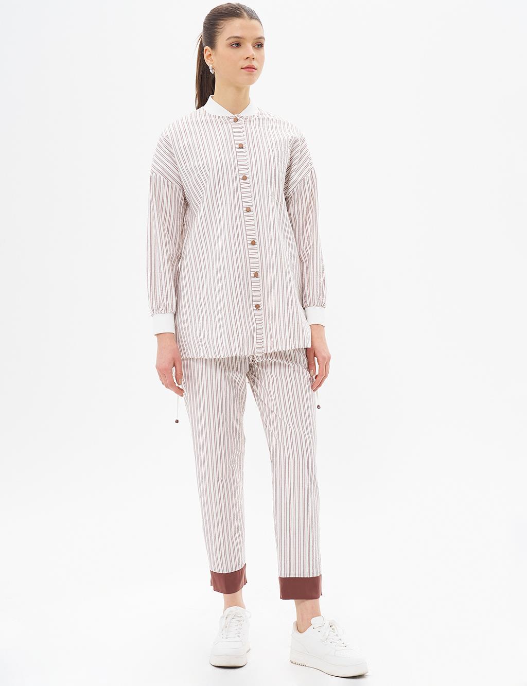College Collar Striped Pattern Tunic Brown