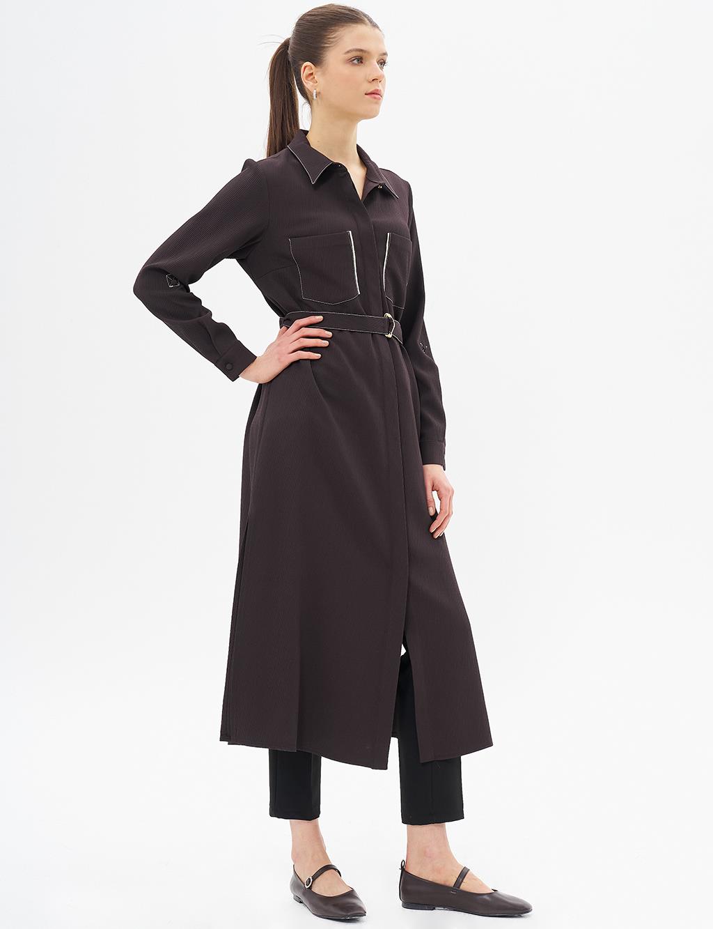 Contrast Stitched Shirt Collar Tunic Dark Coffee